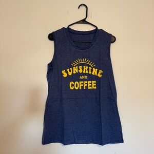 Navy "Sunshine & Coffee" Sleeveless Tee with Yellow Graphic